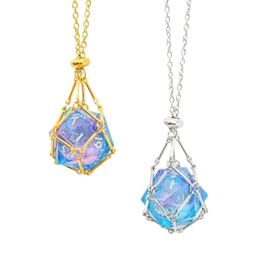 2 PCS Liquid Core D20 Gold+Sliver Necklace Pendant – Sharp Edge Resin 20-Sided Dice Necklace for Dungeons & Dragons, Tabletop RPG Gift (Blue Purple d20) - color: B-Blue Purple-2PCS
