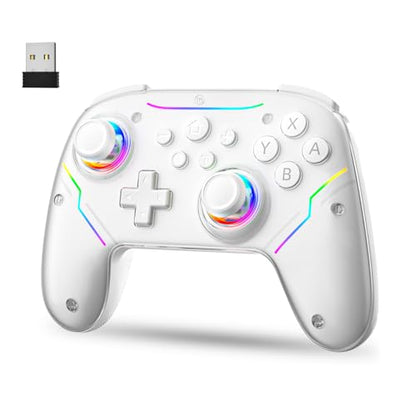 JDDWIN Wireless Controller for Switch 2/Switch/PC/Steam Deck, Hall Effect Joysticks & Triggers/Wake-up Function, Gamepad with RGB Light /Turbo/Programmable/ Dual Vibration Bluetooth USB Adapter for PC (White) - color: White