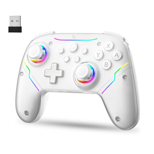 JDDWIN Wireless Controller for Switch 2/Switch/PC/Steam Deck, Hall Effect Joysticks & Triggers/Wake-up Function, Gamepad with RGB Light /Turbo/Programmable/ Dual Vibration Bluetooth USB Adapter for PC (White) - color: White