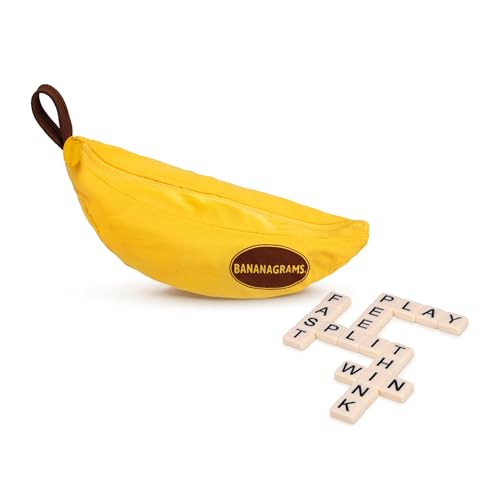 Bananagrams Classic Word Game, 144 Tiles in Banana Pouch, Travel Game | Fast-paced spelling & anagram game for 1-8 players; portable pouch, educational wordplay for kids and adults ages 7+ - style: Classic