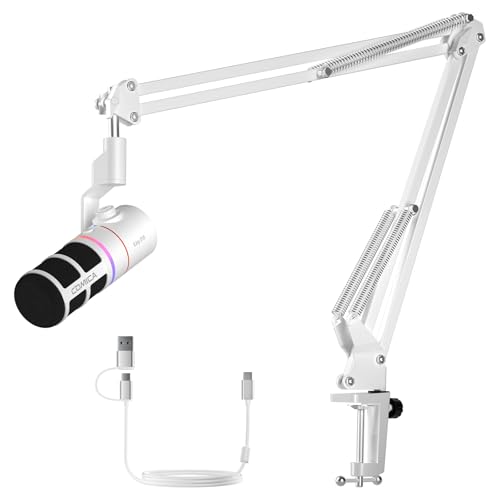 COMICA EJoy D10(A) USB/XLR Dynamic Gaming Mic with Boom Arm, Noise Cancel | Cardioid Dynamic Capsule, 48khz/24bit, 4-Level Gain & Real-Time Monitor, Streaming Microphone for Gamers Pc/Laptop/Ps5 - color: White