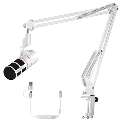 COMICA EJoy D10(A) USB/XLR Dynamic Gaming Mic with Boom Arm, Noise Cancel | Cardioid Dynamic Capsule, 48khz/24bit, 4-Level Gain & Real-Time Monitor, Streaming Microphone for Gamers Pc/Laptop/Ps5 - color: White
