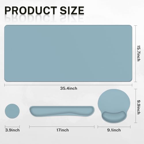 Britimes Blue Keyboard Mouse Pad Set Blue 4 in1 Large Mousepad+Keyboard Wrist Rest+Mouse Wrist Rest+Coaster Ergonomic Design for Home Office Computer 35.4x15.7Inches - color: Blue