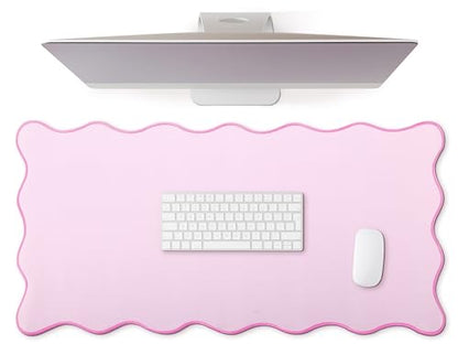 Hahafelt Scalloped Desk Mat Large Desk Pad Cute Coquette Table Mat Back to School Preppy Table Make up Pad Nonslip Graduation Gift with Stitching Waterproof Gaming(Pink,31.5 x 15.8 Inches) - color: Pink, size: 31.5 x 15.8 Inches