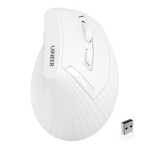 Uineer Ergonomic Vertical Mouse, 2.4G Wireless Mouse, Rechargeable, 4-DPI | Right-handed vertical design with 2.4G USB-A connection, rechargeable battery and visible battery level. - color: White