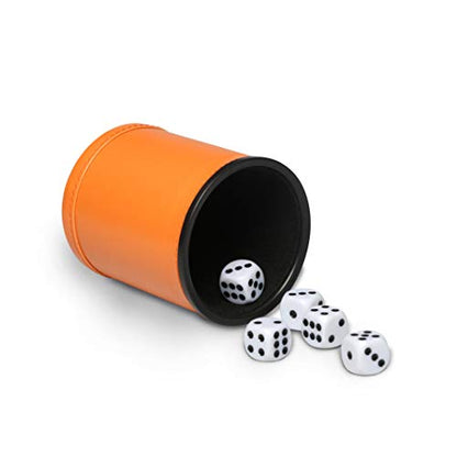 Felt Lined Dice Cup Set Orange PU Leather Dice Rolling Cup with 5 Standard Dot Dices Quiet Shaker for Farkle Yahtzee Bar Party Family Games Play - color: Orange