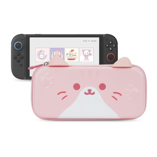 GeekShare Carrying Case Compatible with Switch 2 (2025) 7.9 Inch, Hard-Shell Slim Travel Case with 10 Game Card Slots for Switch 2 Console and Accessories, Cat Ear (Pink) - color: Pink