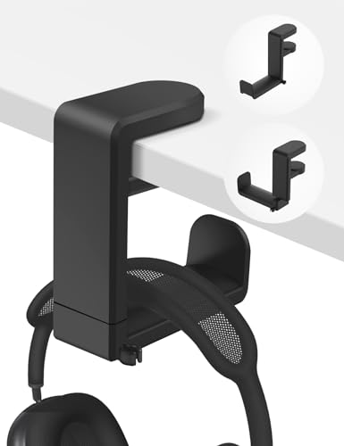 Headphone Hook Under Desk Holder 360-Degree Adjustable Rotation, Black | Fits 0.47-1.57 in desks as headset stand hanger, easy spring clamp, soft rubber pads, built-in loop for cable organizer - color: Black