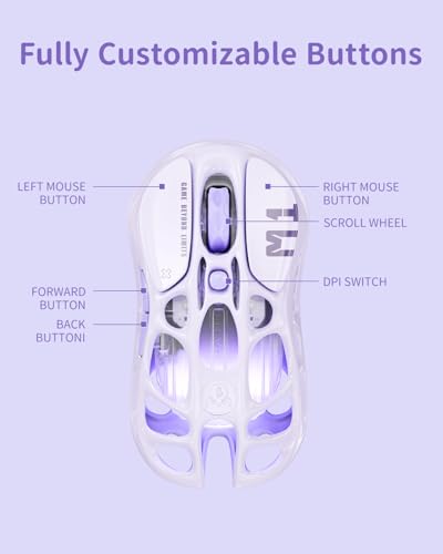 GravaStar Mercury M1 Pro Gaming Mouse, Lightweight Magnesium Alloy, 26,000 DPI, PAW3395DM Sensor, 5 Programmable Buttons, Support Wired/2.4GHz/BT, Up to 200 Hours Battery Life (Lavender Purple) - color: Purple