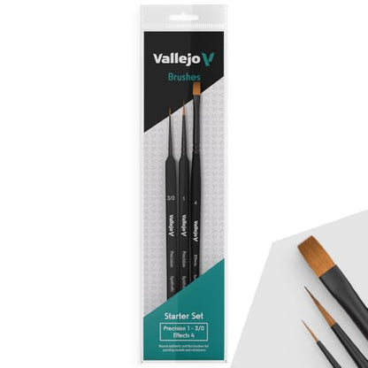 Vallejo - Starter Set | Hobby Brush Kit | Flagged Synthetic Bristles | Precision Series 1, 3/0 and Effects no. 4 | Lightweight and Ergonomic Wooden Handles | Ideal for Acrylic Detail Work - style: Starter Set