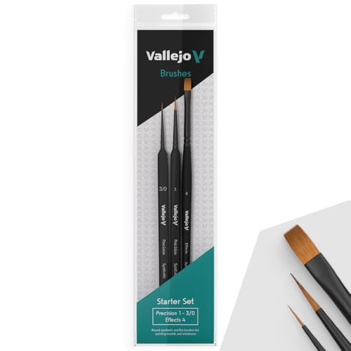 Vallejo - Starter Set | Hobby Brush Kit | Flagged Synthetic Bristles | Precision Series 1, 3/0 and Effects no. 4 | Lightweight and Ergonomic Wooden Handles | Ideal for Acrylic Detail Work - style: Starter Set