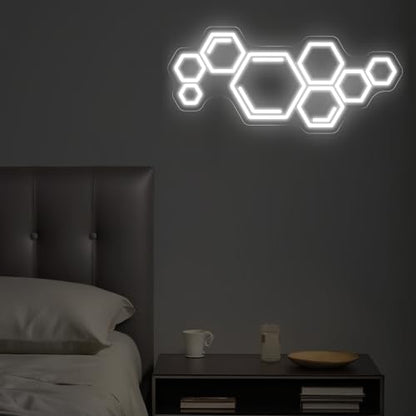 Hexagon Neon Sign, Cool White Geometric LED Light for Gaming Room | Varied hexagons form a connected pattern with a clean futuristic glow - color: Honeycomb
