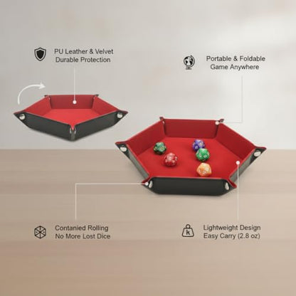Keep Dice Contained with This Foldable Hexagon Tray, PU Leather & Velvet Interior, Portable 12.6 x 9.6 Inch Rolling Surface for Tabletop Games