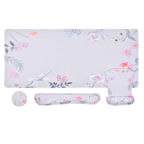 MEGREZ 4-in-1 Mouse Pad with Wrist Rest Ergonomic Memory Foam Desk Mat Set | ergonomic, anti-slip base, 4pcs set, desk pad, mouse wrist rest, keyboard rest, coaster, ideal for office & gaming - color: Pink Flower