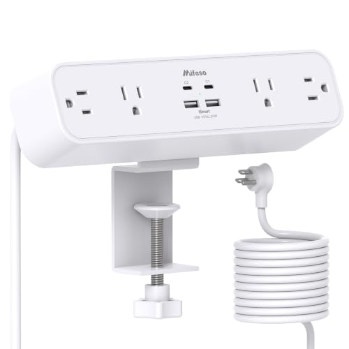 Mifaso PD20W USB C Desk Clamp Power Strip, 1080J Surge Protector | 4 Outlets, 4 USB (2 USBC), 5FT Extension Cord, Desk Organizer Gaming Accessories Office Essentials, Fits 1.96" Edge, White - color: White, size: PD20W