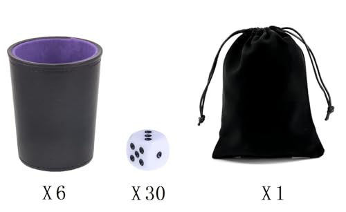 Leather Dice Cup, Quite Felt-Lined Interior, 6 Shaker Cups and 30 Dot Dices, one Carry Bag (Black and Purple) - color: Black and Purple