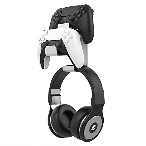 MoKo Dual Controller & Headphone Wall Mount Holder, for PS5 Xbox Switch | 2-in-1 holds two controllers and one headset. Wall mount saves desk space. Fits Xbox, PS4, PS5, Switch and PC. - color: Silver