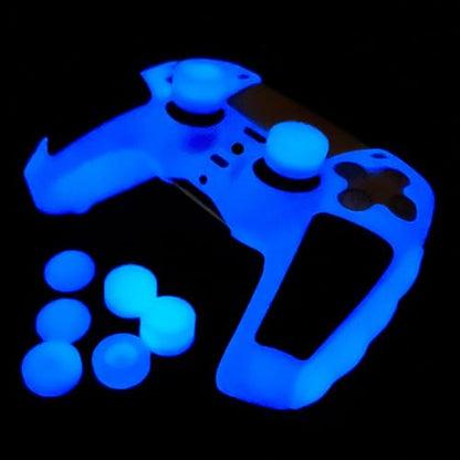 Blue Glow in the Dark Silicone Protective Case for PS5 Controller, Anti-Slip Thick Soft Cover, Includes 8-in-1 Thumb Grip Caps + 2 Cat Paw Caps – Ergonomic Shockproof - color: Glow Blue Black