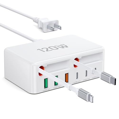 2026 Latest USB C Charger Block, 8 in 1 GaN Retractable Charger Station Hub with Lightening & Type C Cable, 120W Travel Essential Multi USB C Power Strip Plug for iPhone 17 16 15 Pro Max iPad Galaxy - color: B-White