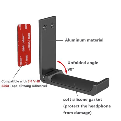Headphone Stand Hanger,Headset Holder Mount,Aluminum Hook with Strong Adhesive Tape for Headphones (H03-Black-1PCS)