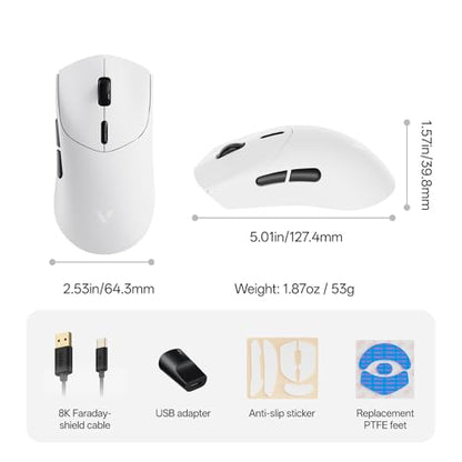 Rapoo VT7 Wireless Gaming Mouse, True 8K Wireless Polling Rate, 53g Lightweight, Up to 750 Hr Battery, Nordic nRF54L15 MCU, 100-Million Mechanical Switch, 10 Programmable Buttons, White - color: White