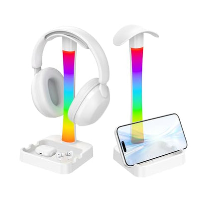 Headphone Stand with Charger,Gaming Headset stand with RGB Light Mode,For Airpod Max Stand,Desk Lamp,Phone Holder,Tablet Holder,desktop organizer,Gifts for Gamers & Music Lover (White) - color: White
