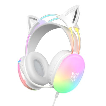 Cat Ear Gaming Headset with Microphone, RGB Rainbow Lighting, Surround Sound, 3.5mm Wired Over-Ear Headphones for PC/PS4/PS5/Switch/Laptop, Lightweight and Adjustable Headband - color: White Cat Ears