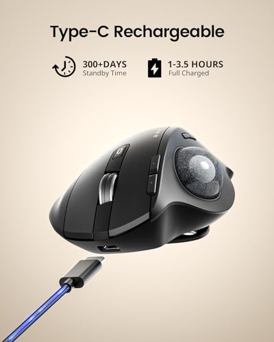 ProtoArc EM01 NL Wireless Trackball Mouse, Rechargeable Thumb Control Mice | 0/20° Adjustable Angle to Reduce Fatigue, Triple-Device Bluetooth & 2.4G USB-A for Office Use, Silent Click, Easy to Clean - color: Gray Ball