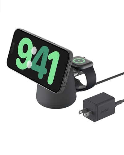 Belkin Qi2 15W Wireless Charging Dock, 2 in 1 Fast iPhone Charger | iPhone 17/16/15/14/13, AirPods, Qi2-enabled devices compatible, power adapter included, desk dock - color: Black, style: Latest Gen