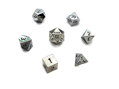 Silver Metal D20 F*** Dice Set Critical Fail F 20 Sided Die Set DND Black Gunmetal Color Number for Role Playing Game Dungeons and Dragons D&D Pathfinder Shadowrun and Math Teaching