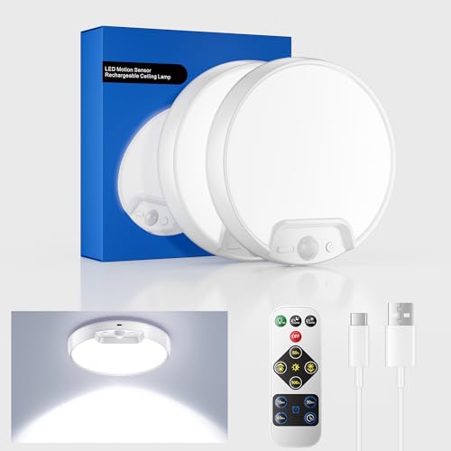 Homelist 2 Pack Newly Upgraded 8000mAh Rechargeable Ceiling Light | Motion Sensor, Battery-Operated Wireless Ceiling Light with Remote for Shower, Bathroom, Closet, Stairs, Shed, Hallway, Porch - color: Cool White - 6000K, size: 2 Pack