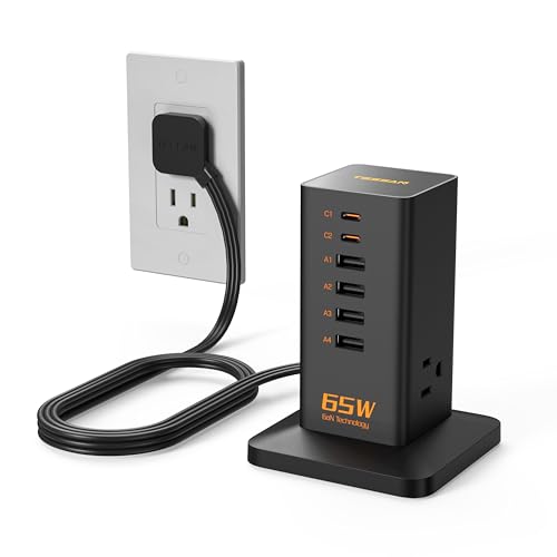 Charging Station for Multiple Devices, TESSAN 9-in-1 USB C Power Strip for iPhone 17/16/15, MacBook, Tablet, Desktop Phone Fast Charger with 3 AC, USB Charger, Home Drom Office Accessories, Black-65W - color: Black-65W
