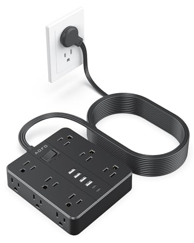 25FT Surge Protector Power Strip,12 AC Outlets with 6 USB Ports (2 USB-C), Flat Plug Extension Cord with Multiple Outlets, Wall Mount for Home Office,Dorm, Black - color: Black, size: 25FT