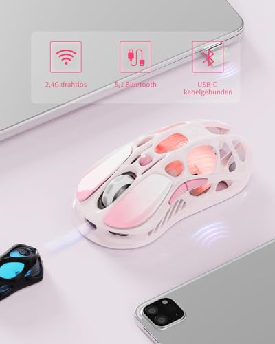 GravaStar Mercury M1 Pro Wireless Gaming Mouse, Lightweight Magnesium Alloy, 26,000 DPI, PAW3395DM Sensor, 5 Programmable Buttons, Support Wired/2.4GHz/BT, Up to 200 Hours Battery Life (Gradient Pink) - color: Gradient Pink