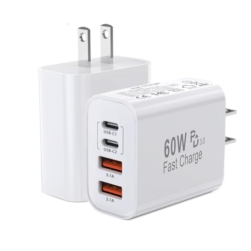 60W USB C Charger Block,2Pack 4-Port GaN USB C Charger Fast Charging Wall Plug Dual Type C+Dual USB-A Port Multiport Power Adapter Cube for iPhone 17 Pro Max/16e/15/14/13/12/11,iPad Pro/Air/Mini - color: White, size: 2pack