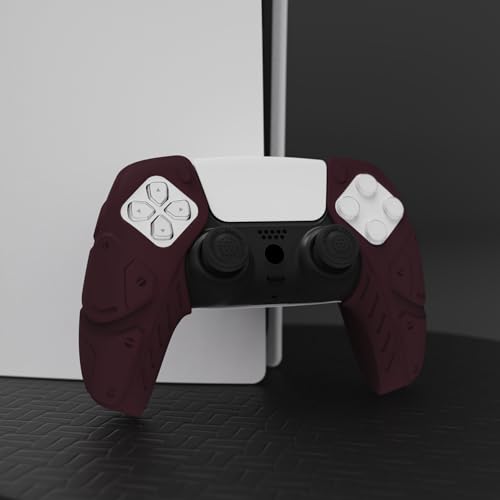 PlayVital Mecha Edition Wine Red Ergonomic Soft Controller Silicone Case Grips for ps5, Rubber Protector Skins with Thumbstick Caps for ps5 Controller - Compatible with Charging Station - color: Wine Red