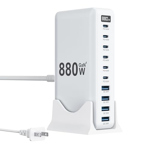 880W USB C Charger Block,10-Port USB C Charging Station GaN IV Travel Essentials Multiple Port Charging Station,140W Laptop Fast Charger Adapter for MacBook Pro/Air,DELL,iPad,iPhone,Samsung Galaxy - color: White