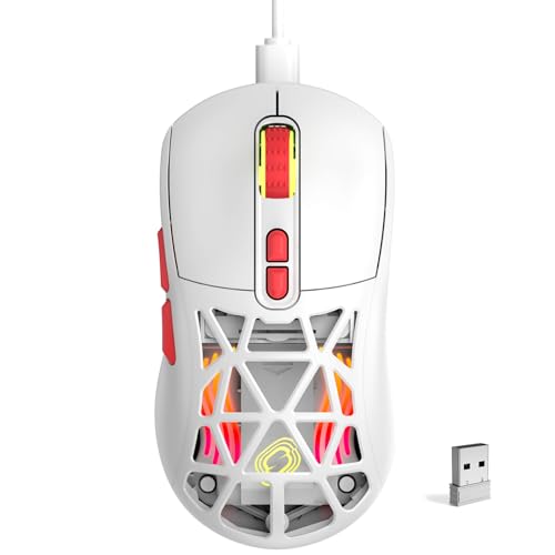 Wireless Gaming Mouse, Rechargeable&Rechange Shell,RGB Programmable Macro Mouse, Lightweight Mouse,10000 DPI,Tri-mode Wired/BT 5.0/2.4GHz Wireless Mouse Gaming with 2 Side Buttons (White Red) - color: White Red