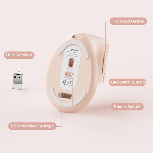 Uineer Ergonomic Vertical Mouse, 2.4G Wireless Mouse, Rechargeable, 4-DPI | Right-handed vertical design with 2.4G USB-A connection, rechargeable battery and visible battery level. - color: Pink