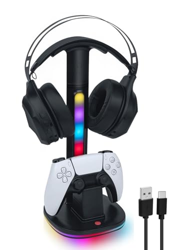 Controller Charger with 7 RGB Lighting Modes – Docking Charging Station with Fast Dual Ports & Headphone Stand (Compatible with PS5).
