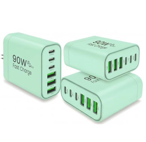 90W GaN USB C Charger Block [3 Pack],6-Port USB C Wall Charger Fast Charging 45W PD Power Adapter for MacBook Air/iPad Pro/iPhone 17Pro Max/Samsung Galaxy S24 Ultra/Tabs for Home Travel - color: Green, size: Three
