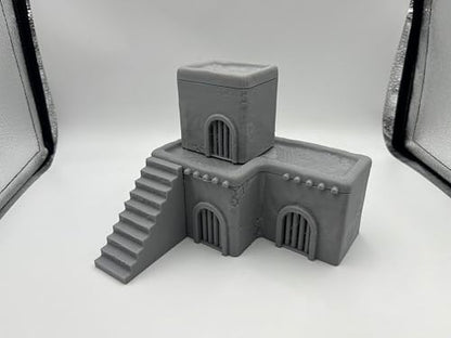 Architectural Terrain Set for 28mm (1/64) Miniature Wargames, 3D Printed and Paintable, Gift for Hobby Enthusiasts (Desert Building)