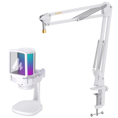 MAONO USB Gaming Microphone with Boom Arm Microphone Stand: Noise Cancellation Condenser Mic Kit with RGB Lights,for Streaming Recording Podcast Chat Twitch YouTube Discord DGM20+BA20 White