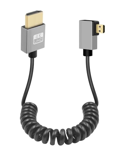 GELRHONR 4K Micro to HDTV Coiled Cable, 18Gbps 4K@60Hz Micro Male to Male HDTV2.0 Spiral Cord,for Cameras, Video Capture Cards (Left Angle) - style: Left Angle