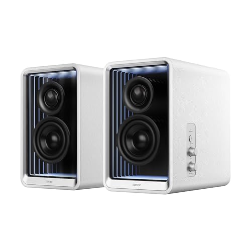 Edifier QR65 Desktop Active Monitor with 2.75" Long-Throw Aluminum Diaphragm mid-Low Drivers, Hi-Res Audio, Brilliant Light Effects, 70W Output Power Bluetooth Speakers with Stands - White - color: White