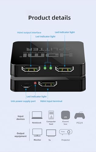 HDMI Splitter 1 in 2 Out [with USB Cable] 4K 1x2 HDMI Splitter Repeat/Mirror Screen Only (Not Extend), 1 Source Extend to 2 Display Devices