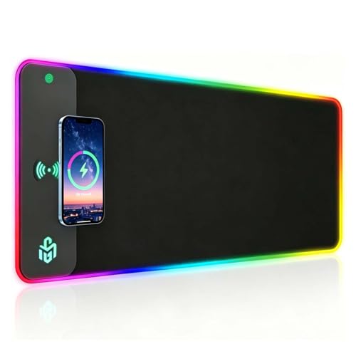 Mouse Pad Gaming Wireless Charging, 800x300x4mm, Black | Supports wireless charging for smartphones and earbuds, features 10 RGB lighting modes. Dimensions: 31.5" L × 11.8" W. - color: Black