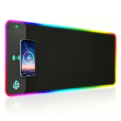 Mouse Pad Gaming Wireless Charging, 800x300x4mm, Black | Supports wireless charging for smartphones and earbuds, features 10 RGB lighting modes. Dimensions: 31.5" L × 11.8" W. - color: Black