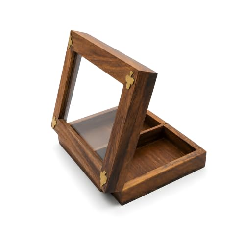 Handmade Wooden Playing Card Storage Box for 2 Decks, Sheesham Wood Card Holder Case with Clear Top Display and Brass Latch (Cards Not Included)