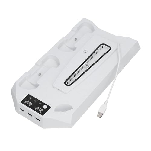 Cooling Stand with Dual Controller Charger, Quiet Adjustable Fan Vertical Station for Slim Disc Digital Edition, 3 USB Hub Console Stand for 5 Accessories (White)